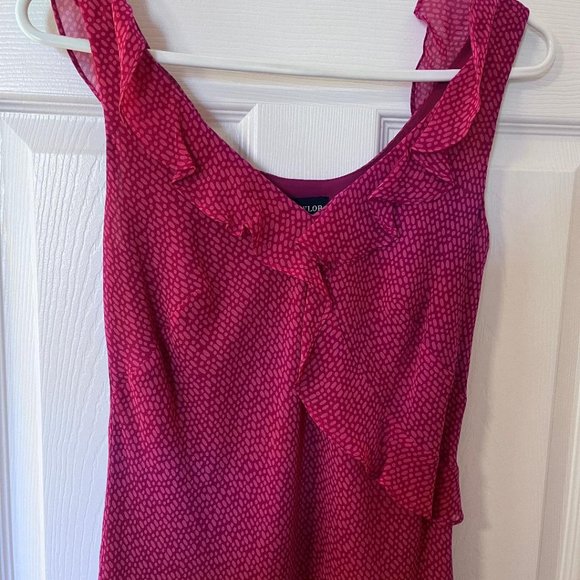 Ann Taylor Petites, Ruffle Tank, Midi Shift Pink Print Silk Dress, 6P - Picture 2 of 6